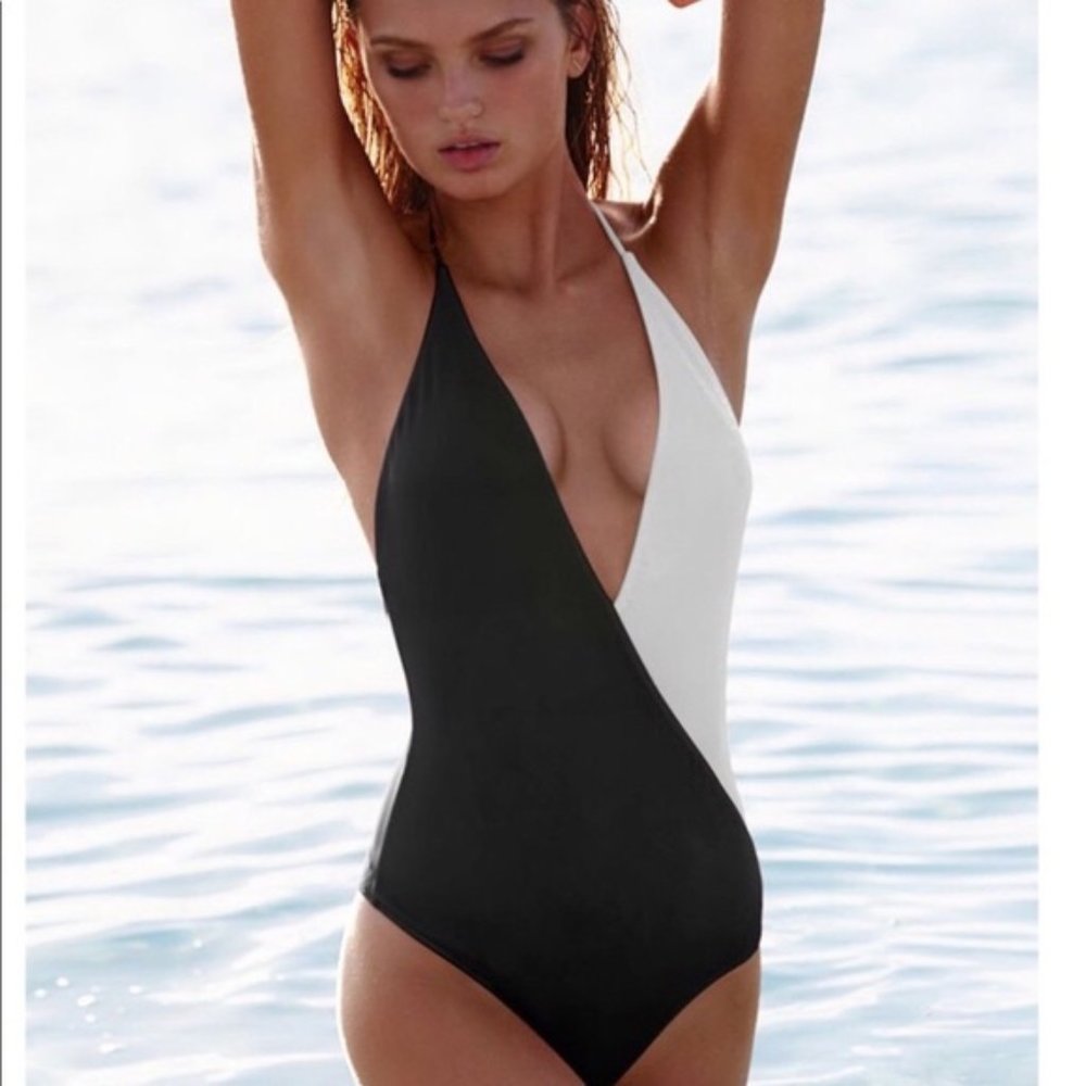 Victoria Secret Black White Halter Plunge Swimsuit